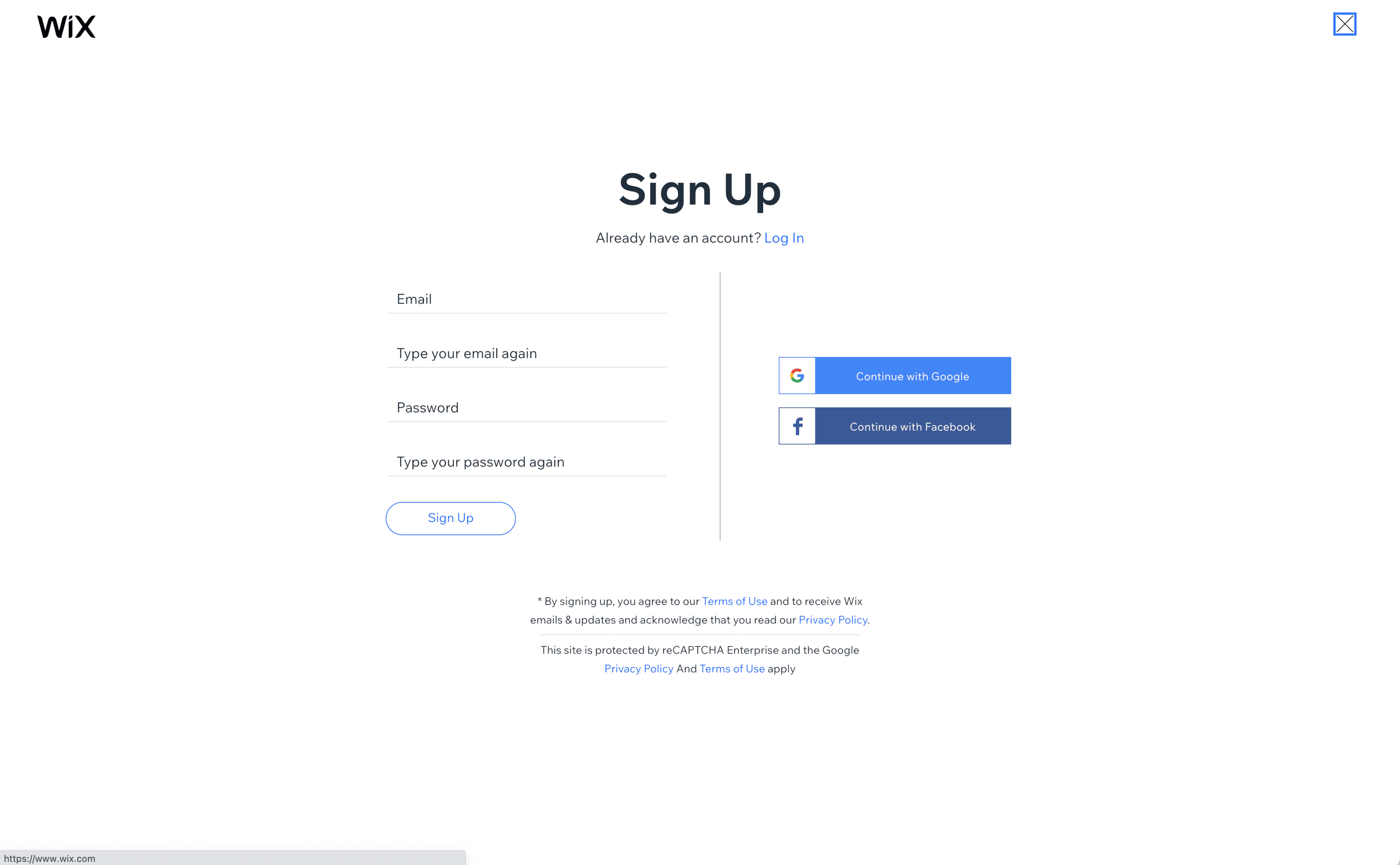Wix Sign Up Screen