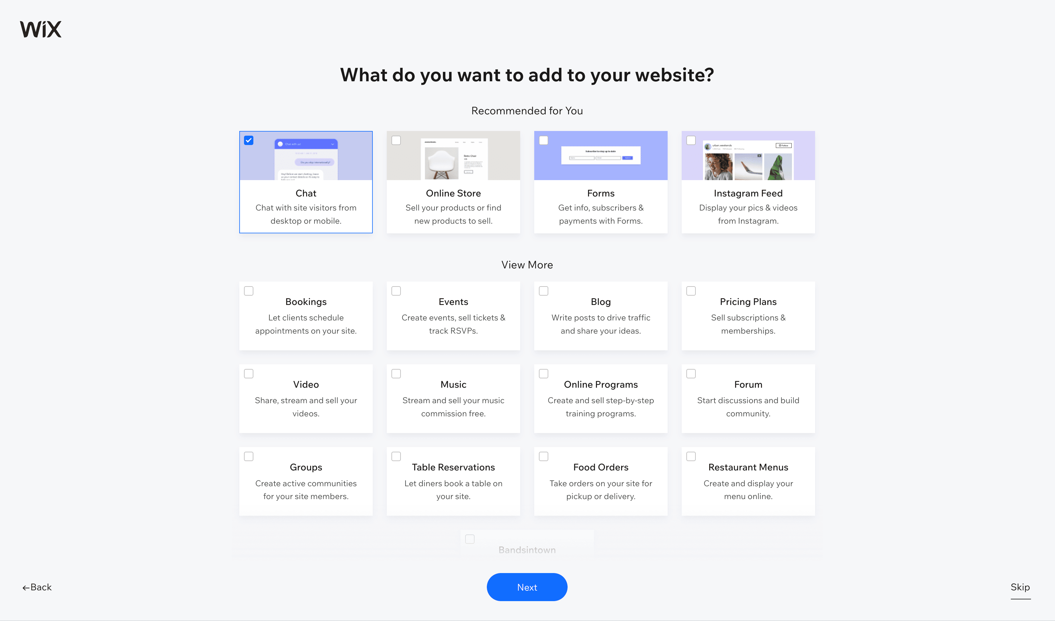 Wix asking what type of features you'd like on your site, such as chat and forms