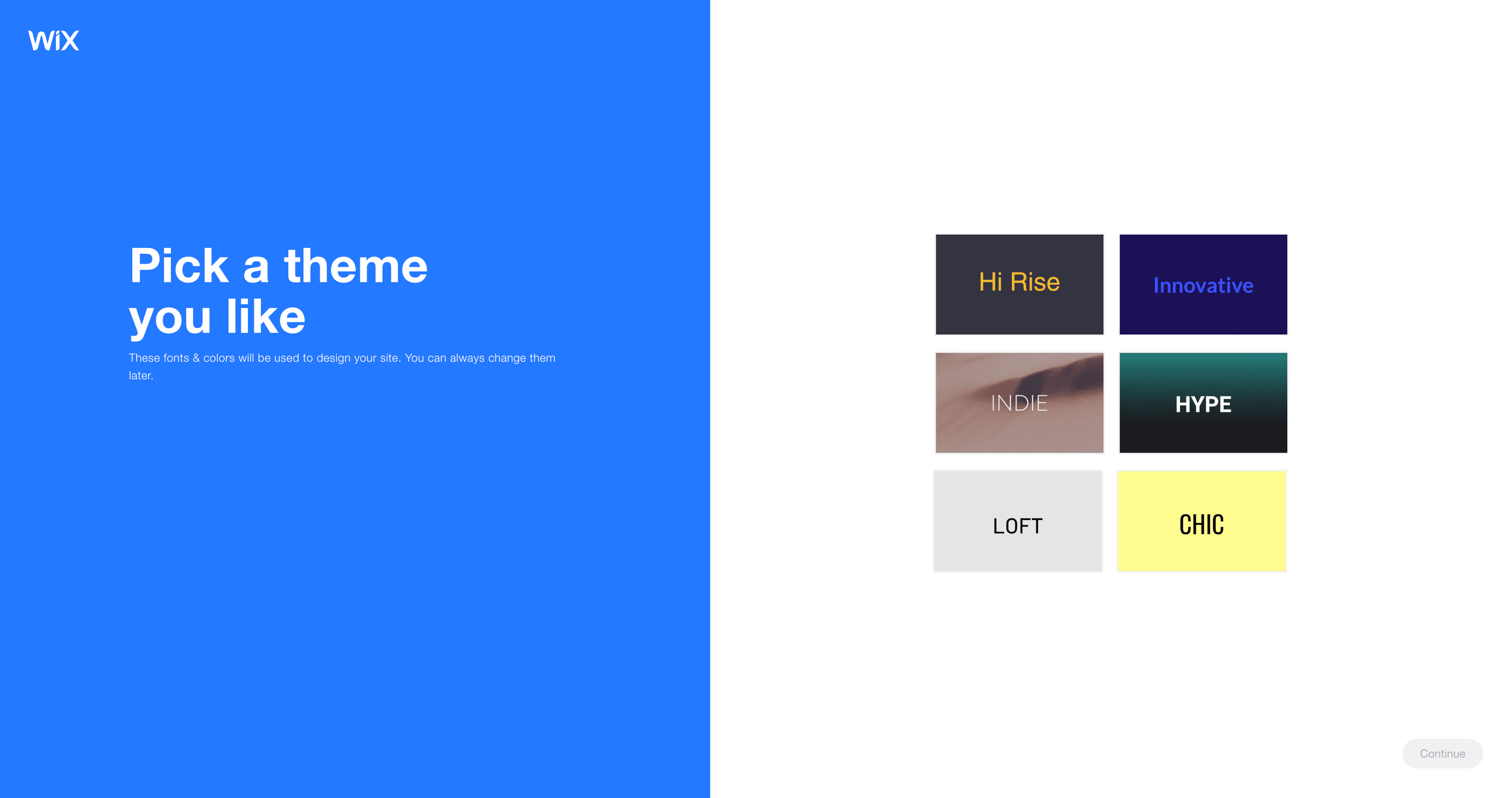 Wix ADI helping you decide on a theme for your site
