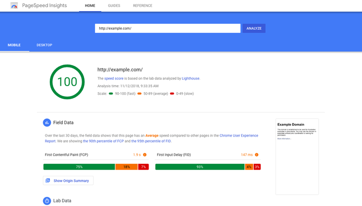 A screenshot of Google's PageSpeed ​​tool