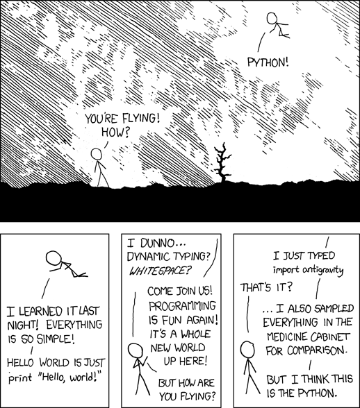 XKCD #353. I wrote 20 short programs in Python yesterday. It was wonderful. Perl, I'm leaving you.