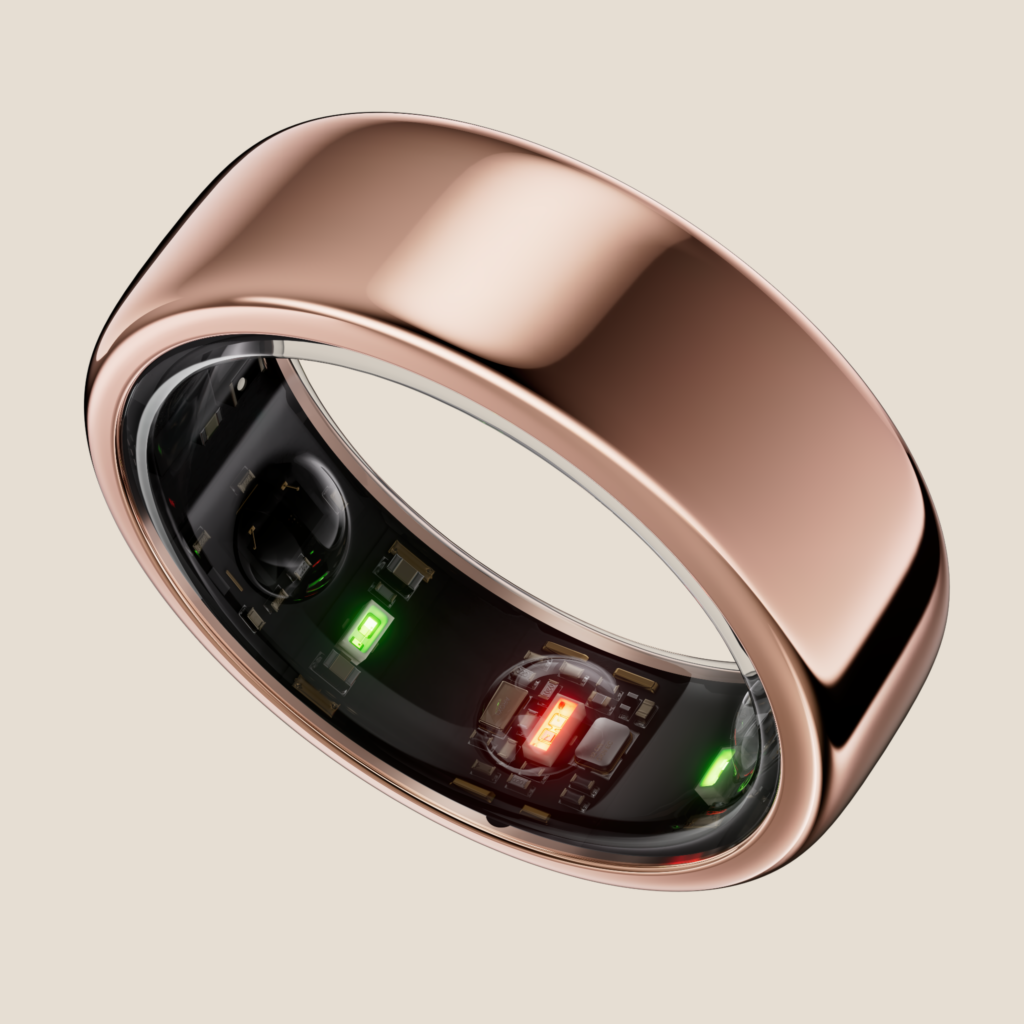 An Oura ring looks like an ordinary polished metal ring, but conceals LEDs for moitoring on the inside
