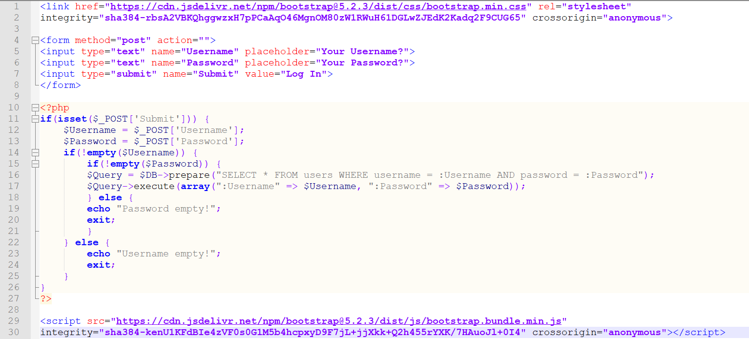 a piece of code with subresource integrity (SRI) in place for its stylesheets & javascript files