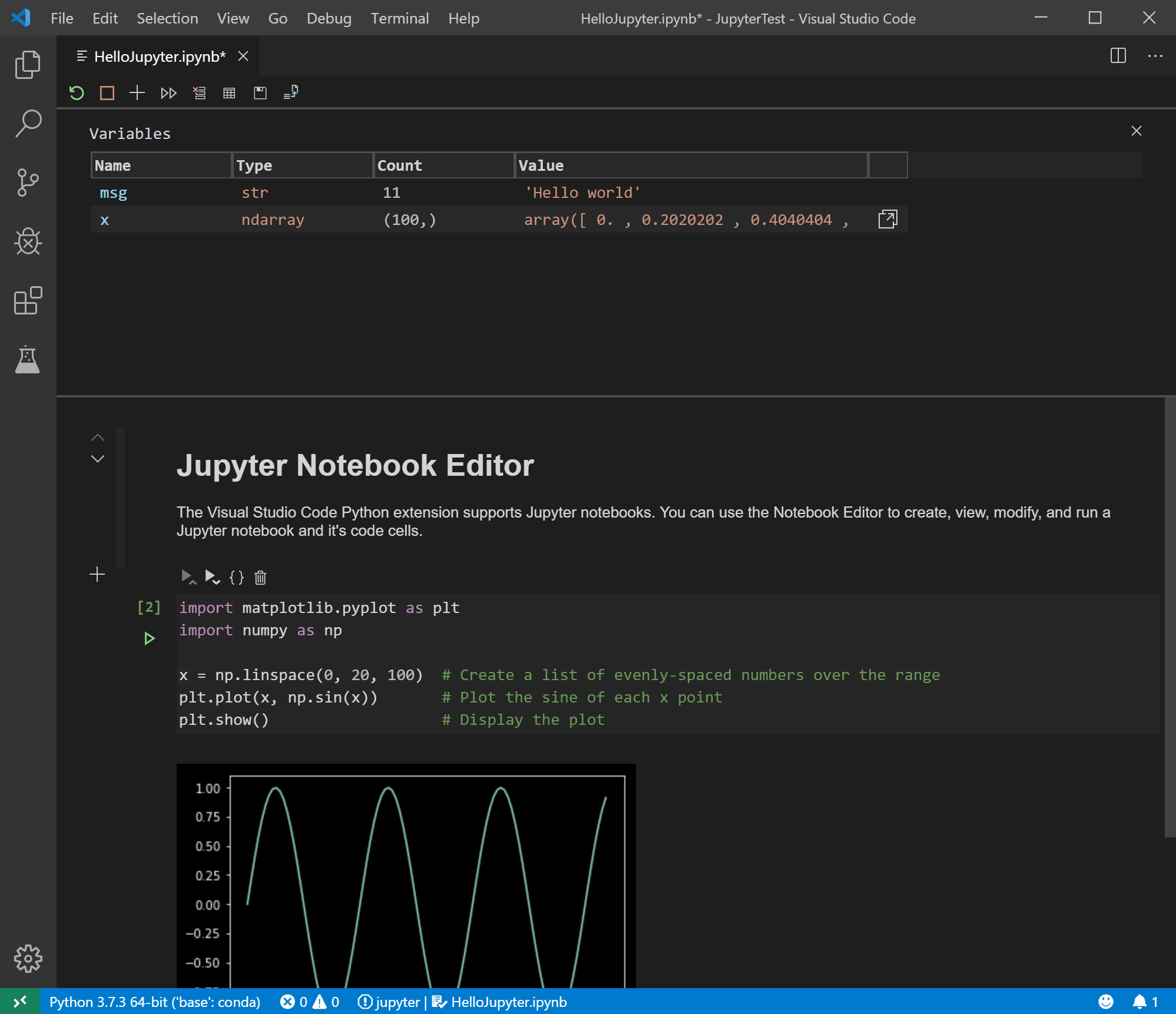Jupyter notebook running in VS code in the Notebook Editor