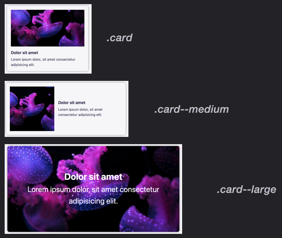 Three variations of a card, classed as card, card-medium, and card-large