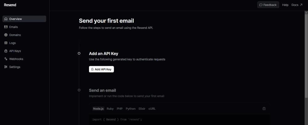 The Resend dashboard, with Add API Key highlighted