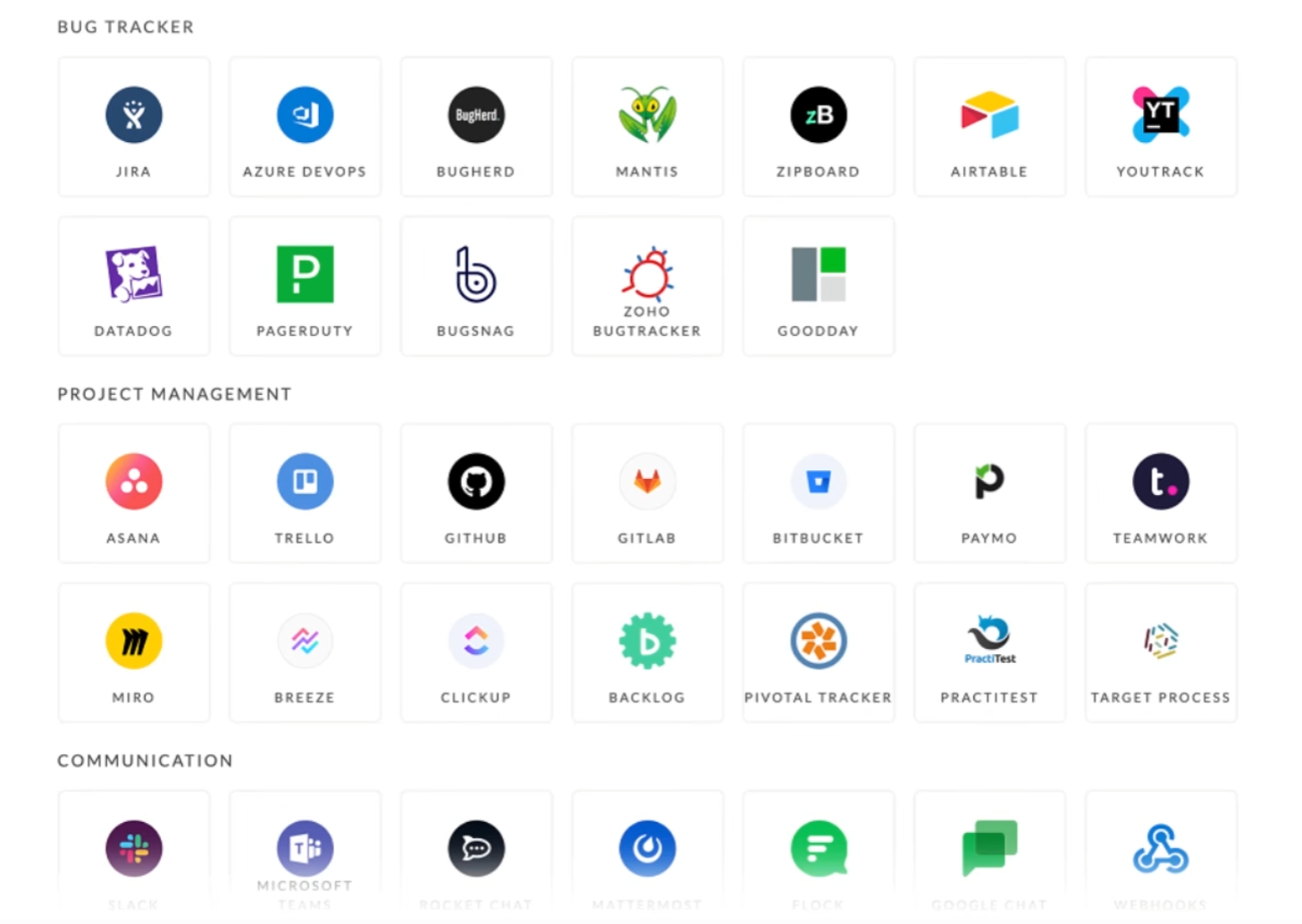 Integration options, presented as a grid of icons