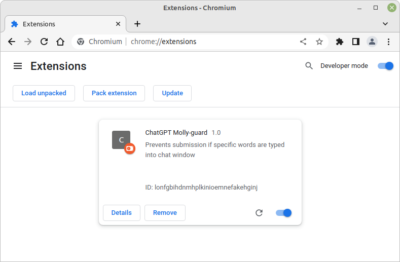 Custom extension is loaded into the Google Chrome browser