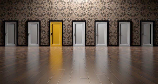 Image of a set of doors, one is colored yellow.