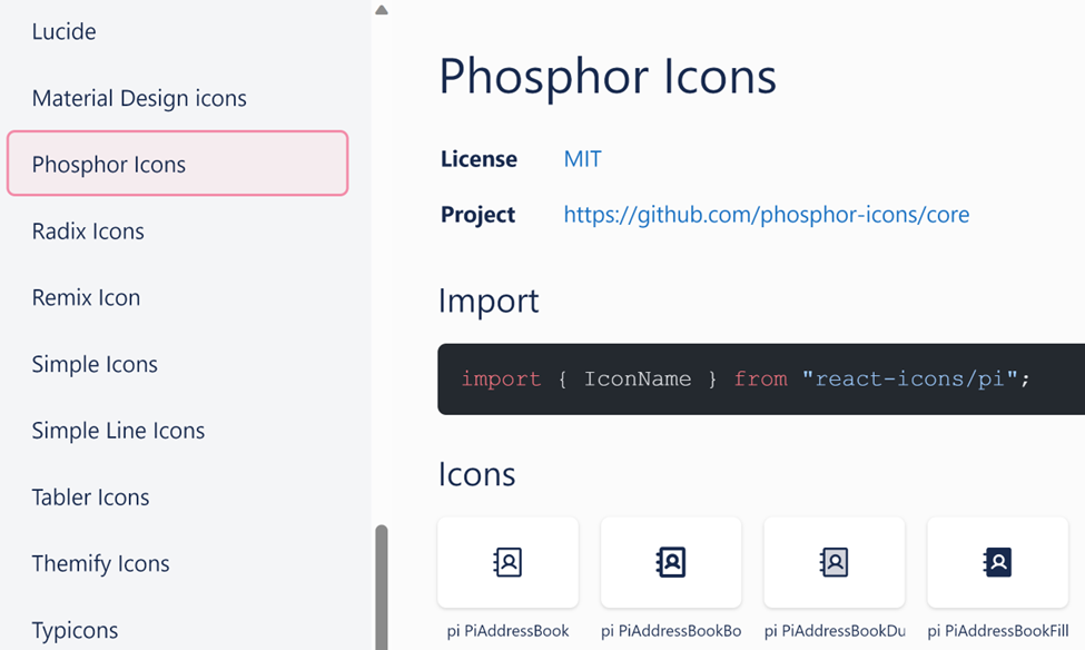 Viewing a library on React Icons