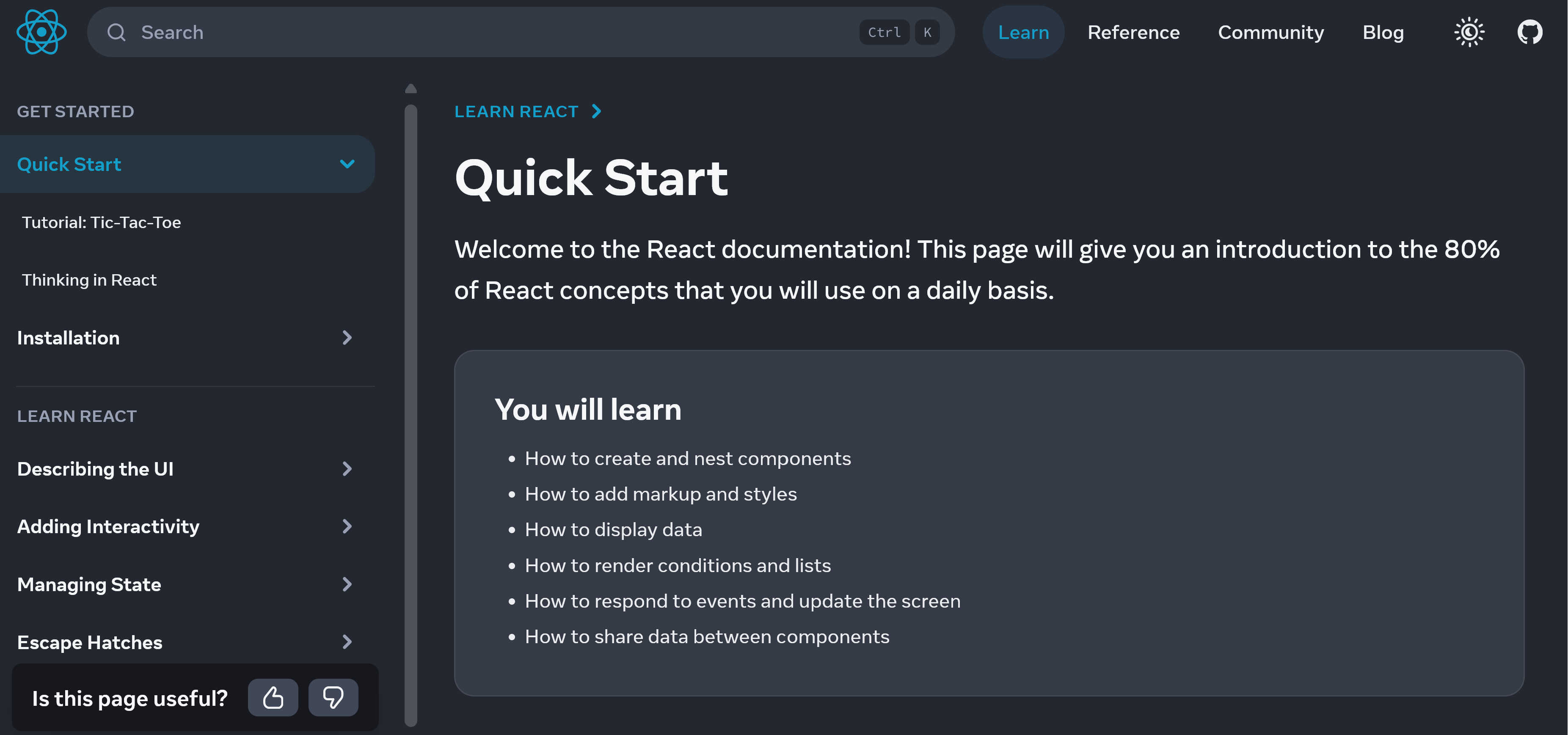 React's starting page for its documentation