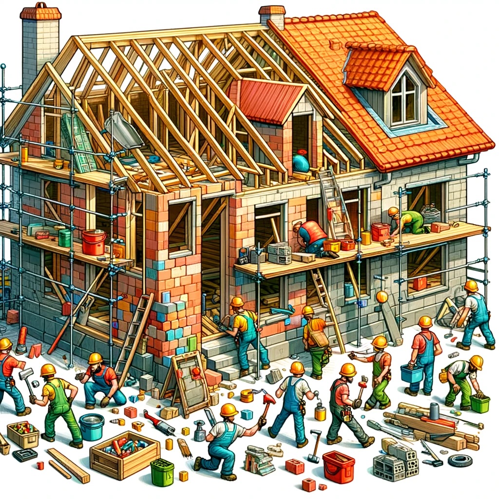 a cartoon image of a house being built, featuring construction workers busy at their tasks in a lively construction site environment.