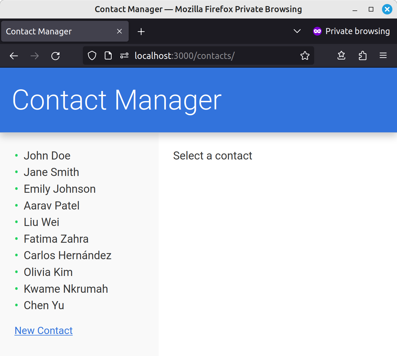 Contact manager displaying a list of contacts