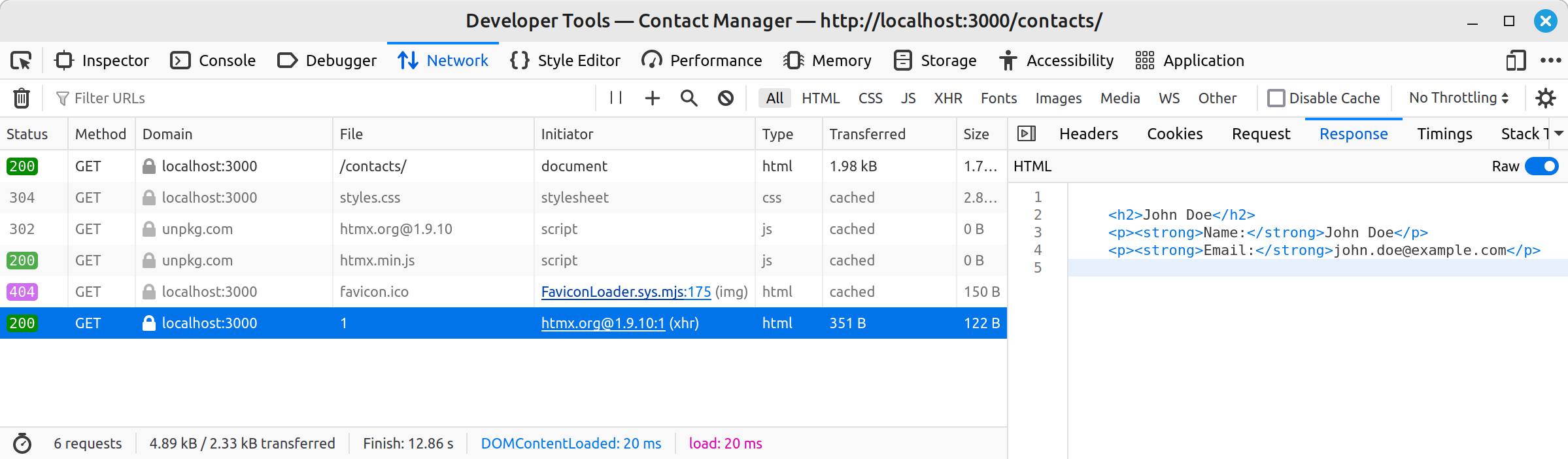 Developer tools showing the request for /contacts/1 in the Network tab