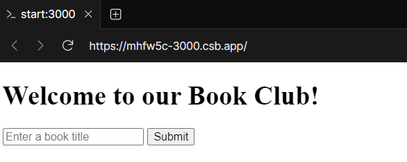 The app, showing our Welcome message, plus a text box to submit book titles