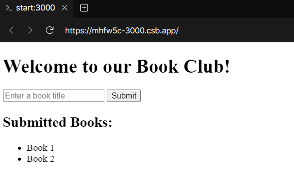 The finished app, showing a text box to add new books, followed by a list of submitted books