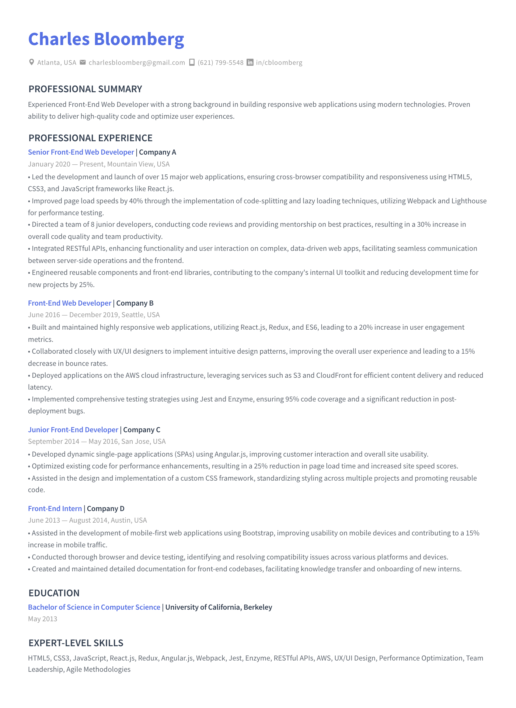 front end web developer resume