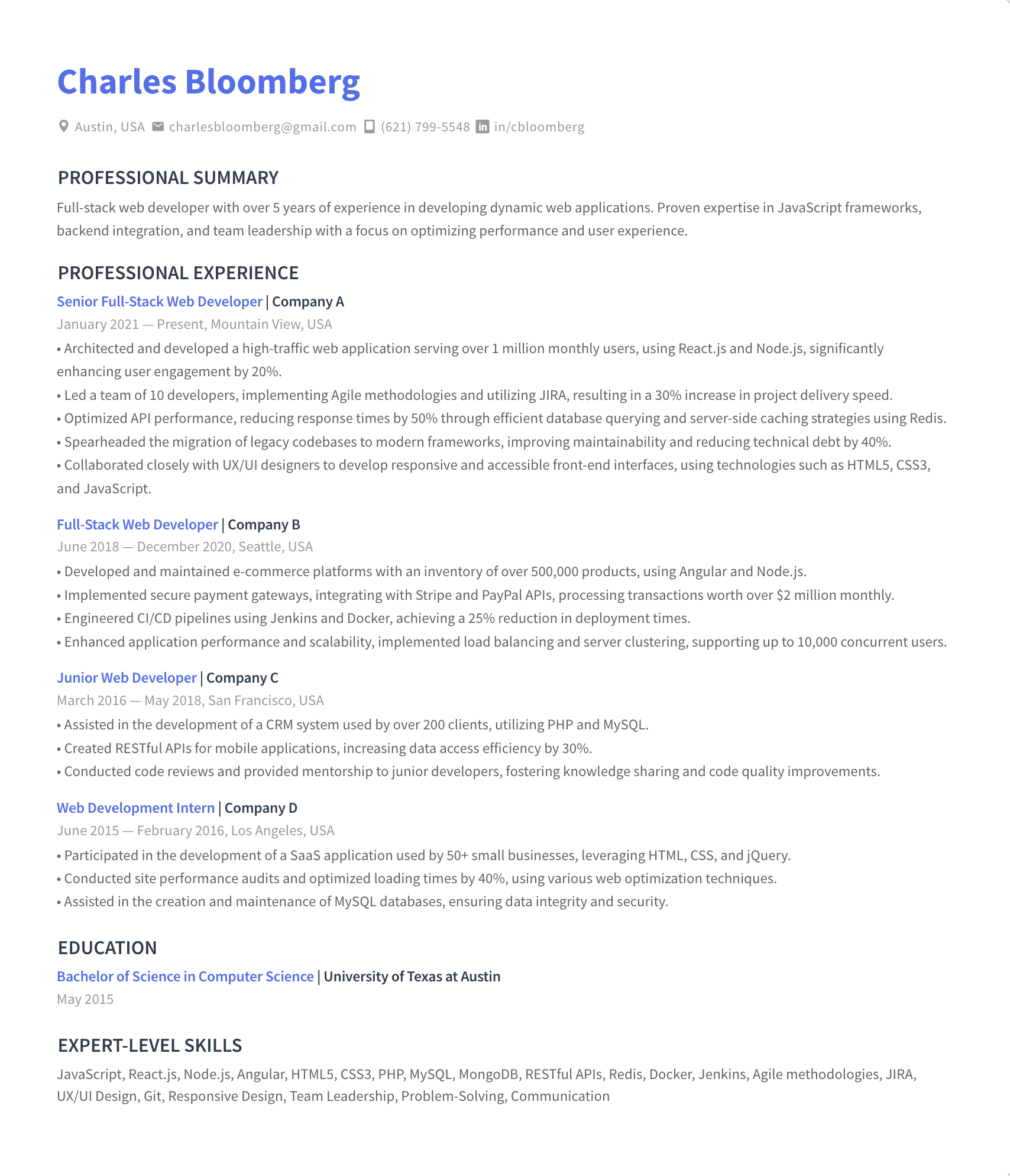 full stack web developer resume