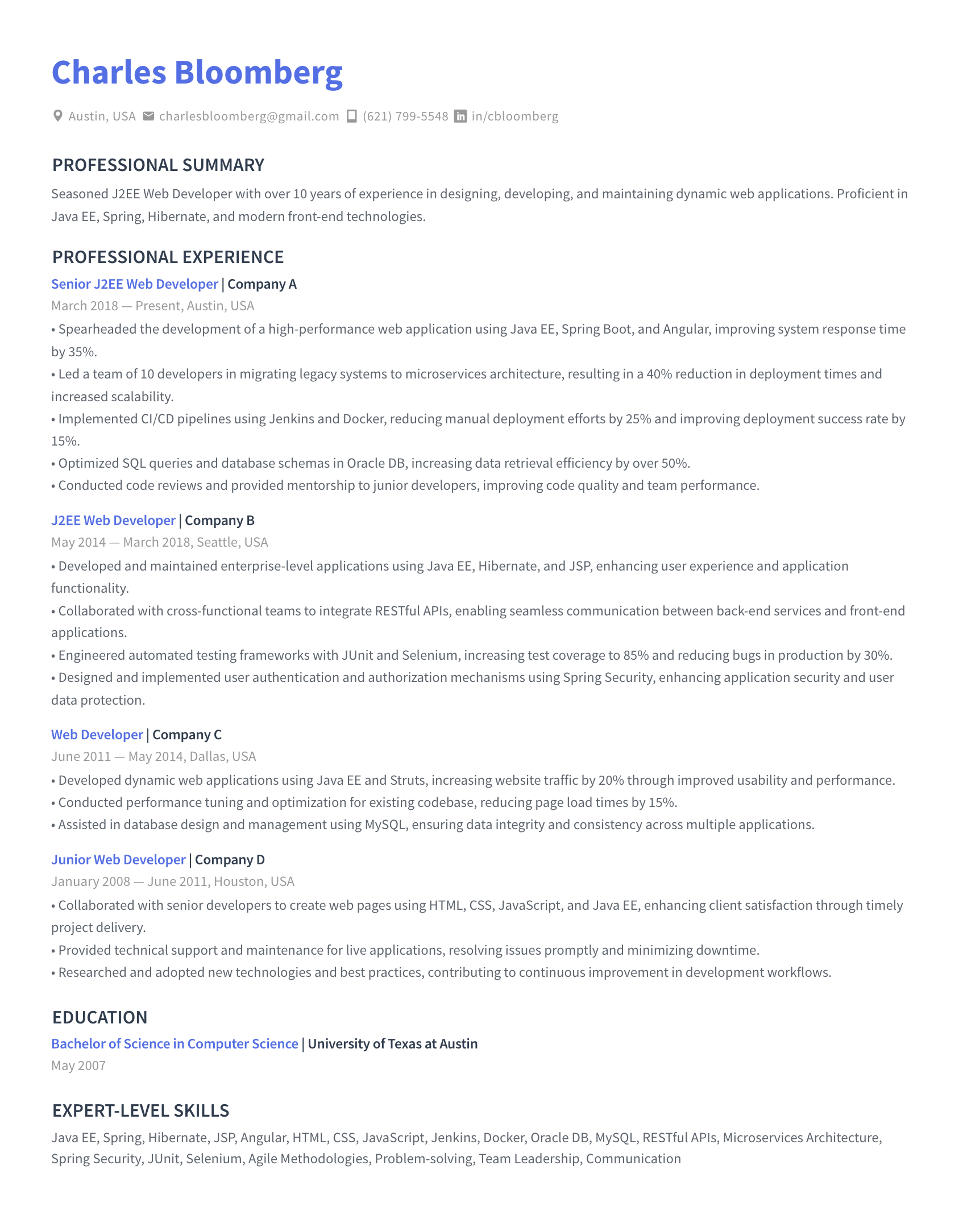 J2EE Web Developer Resume