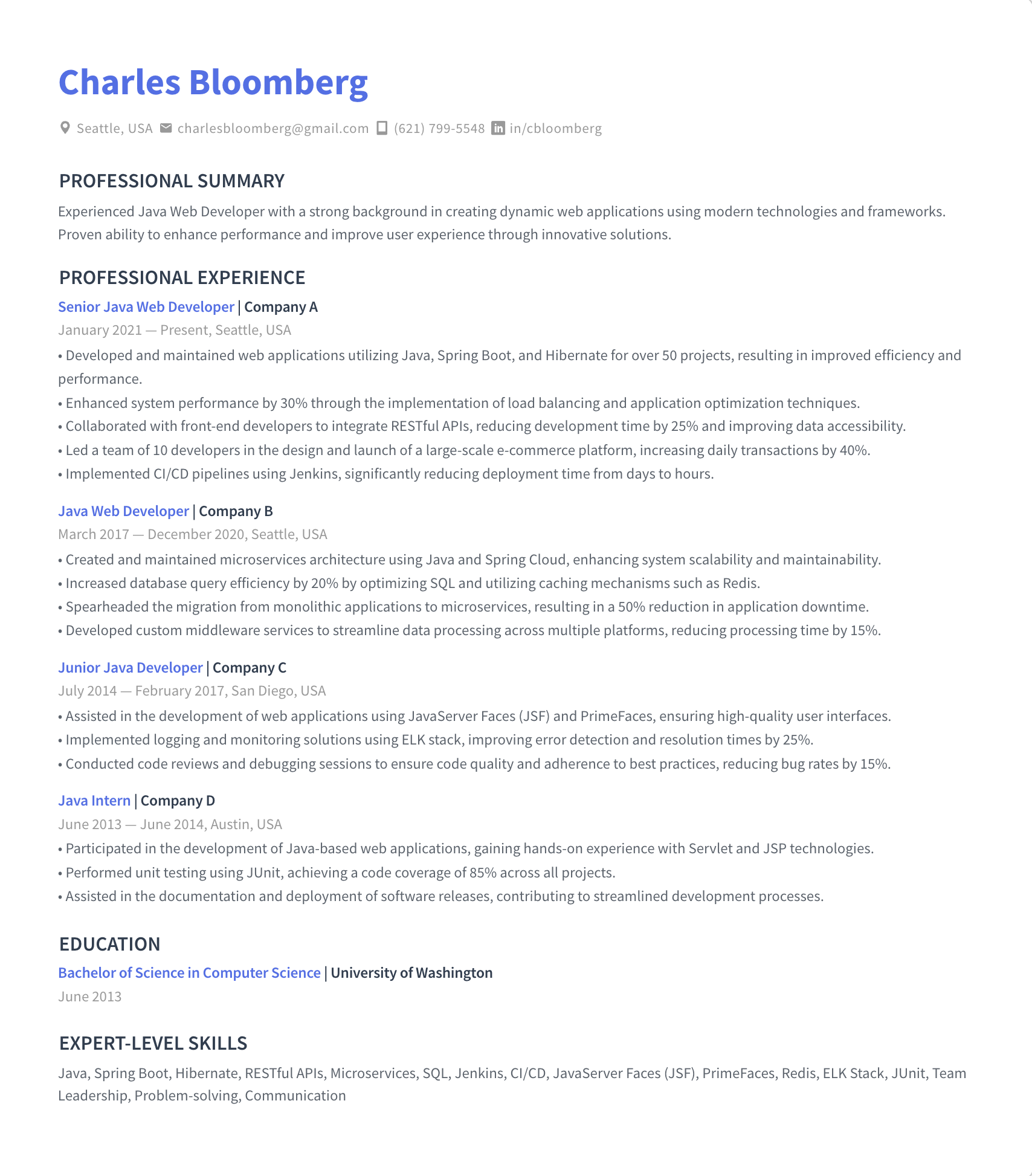 Java Web Developer Resume