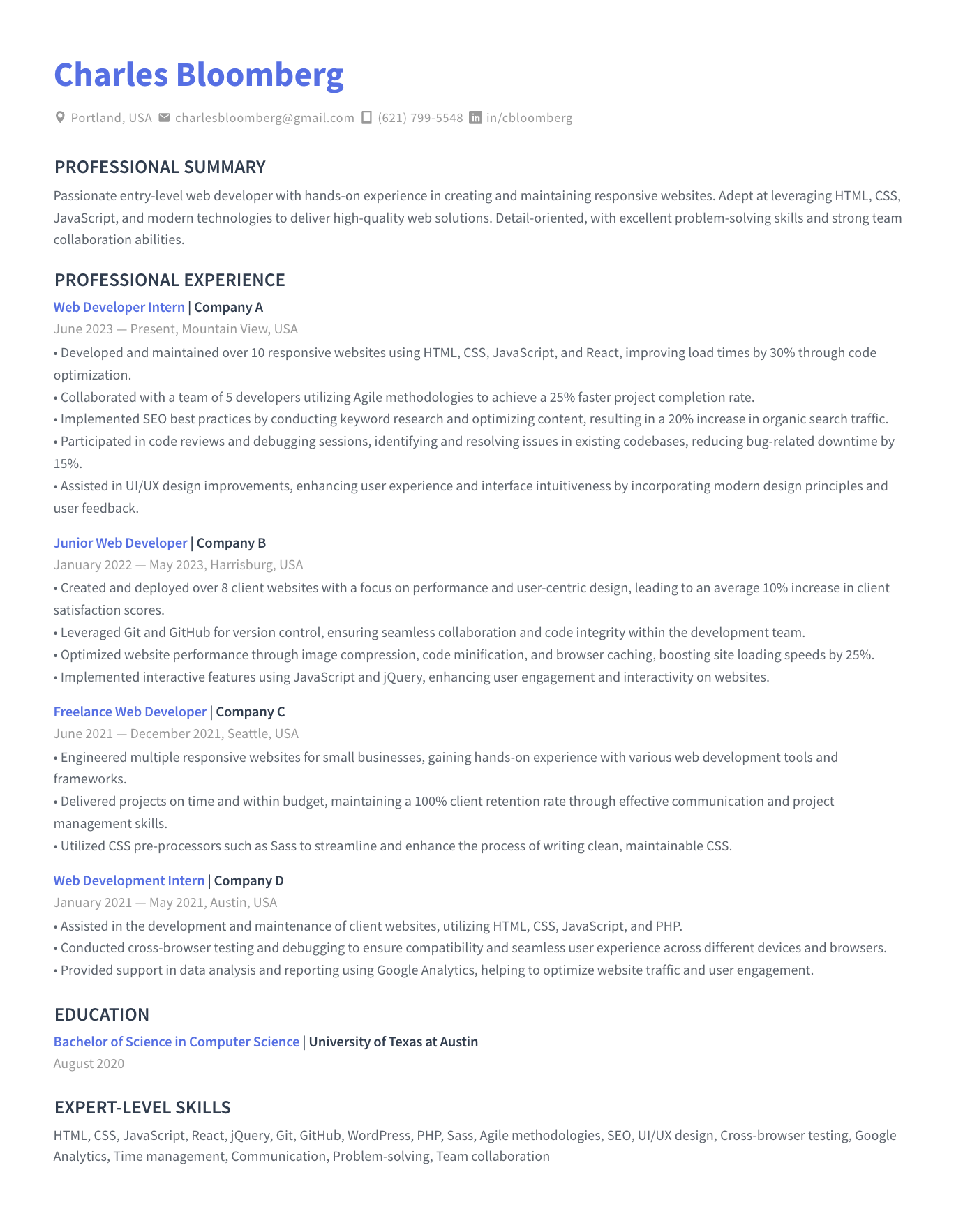 entry-level web developer resume sample