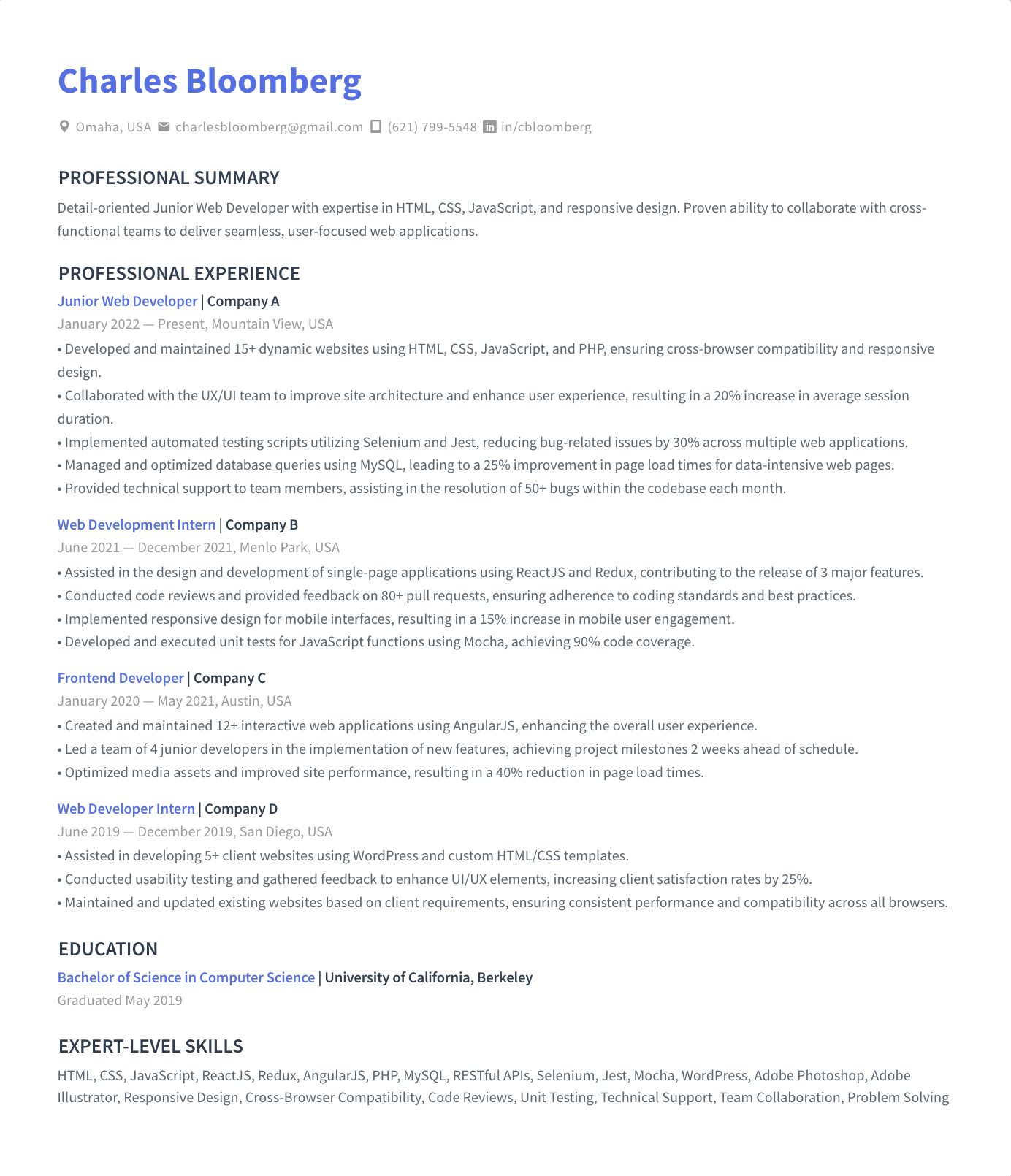 Junior Web Developer Resume Sample