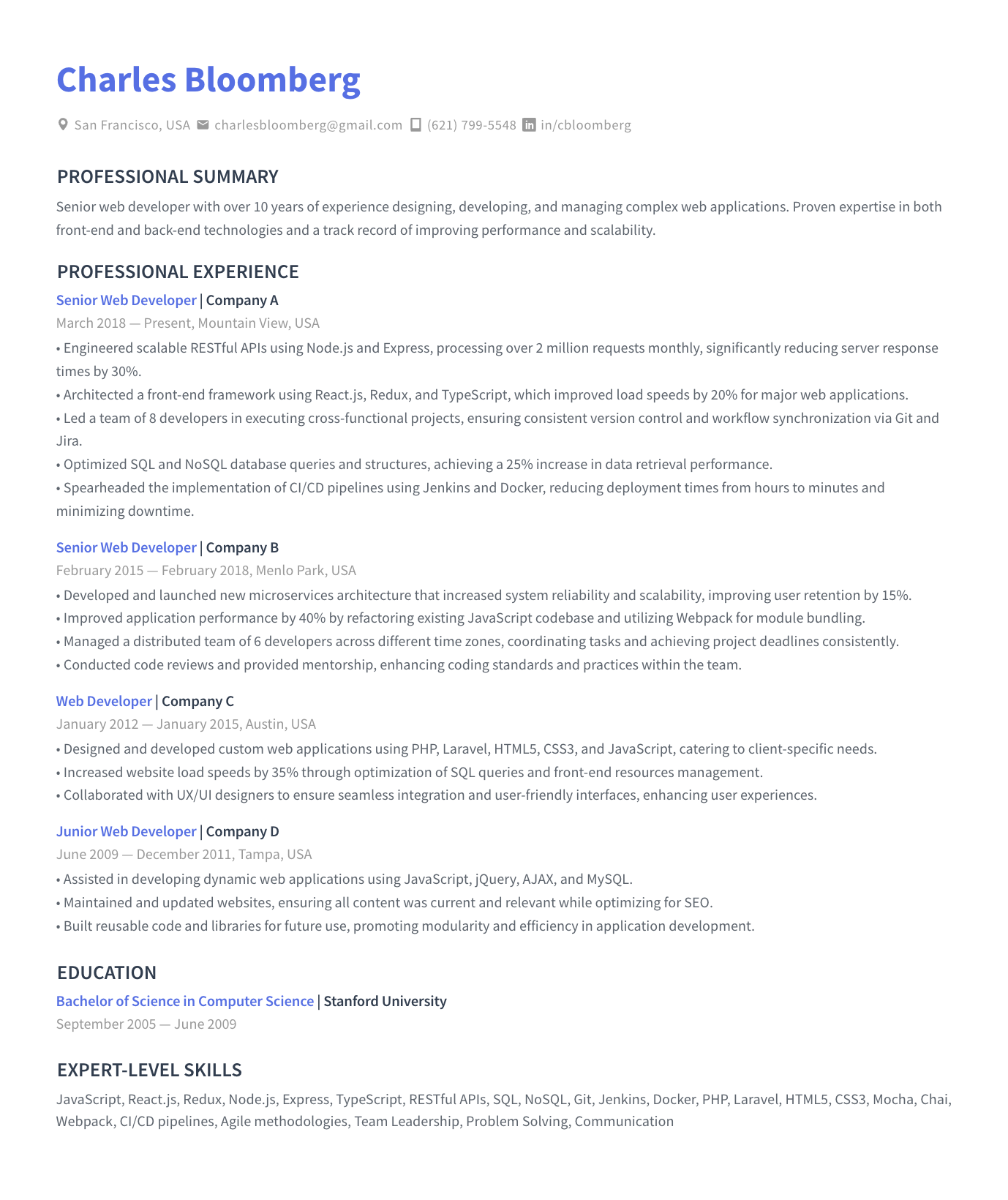 Senior Web Developer Resume Sample