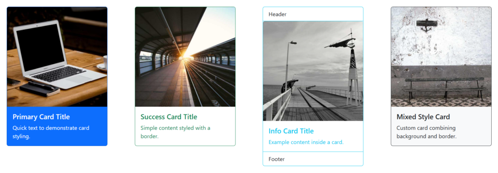 Bootstrap card examples, Mixed Style designs with varied backgrounds, borders, and content arrangements.