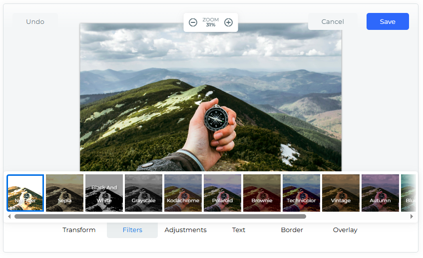 An image that shows Filestack's transformations UI, which can help users process their images. Aside from this, Filestack users can also implement automatic file processing, even for non-image files such as PDFs.