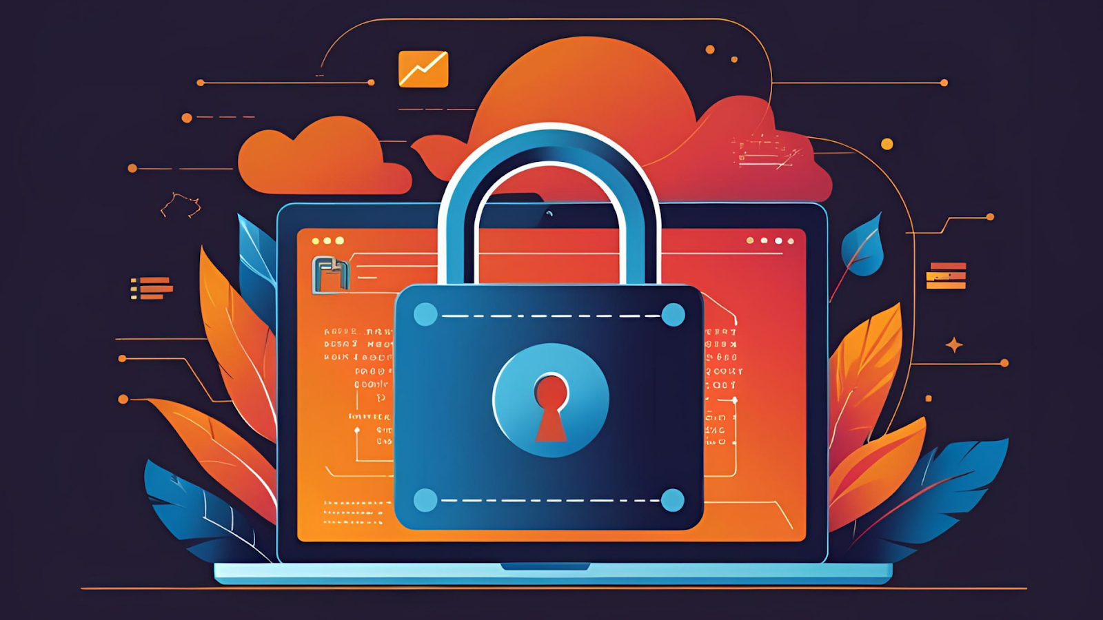 A visual representation of security in learning platforms like Udemy. In the image, a lock that represents security hovers over a monitor screen showing some sort of file transfer.