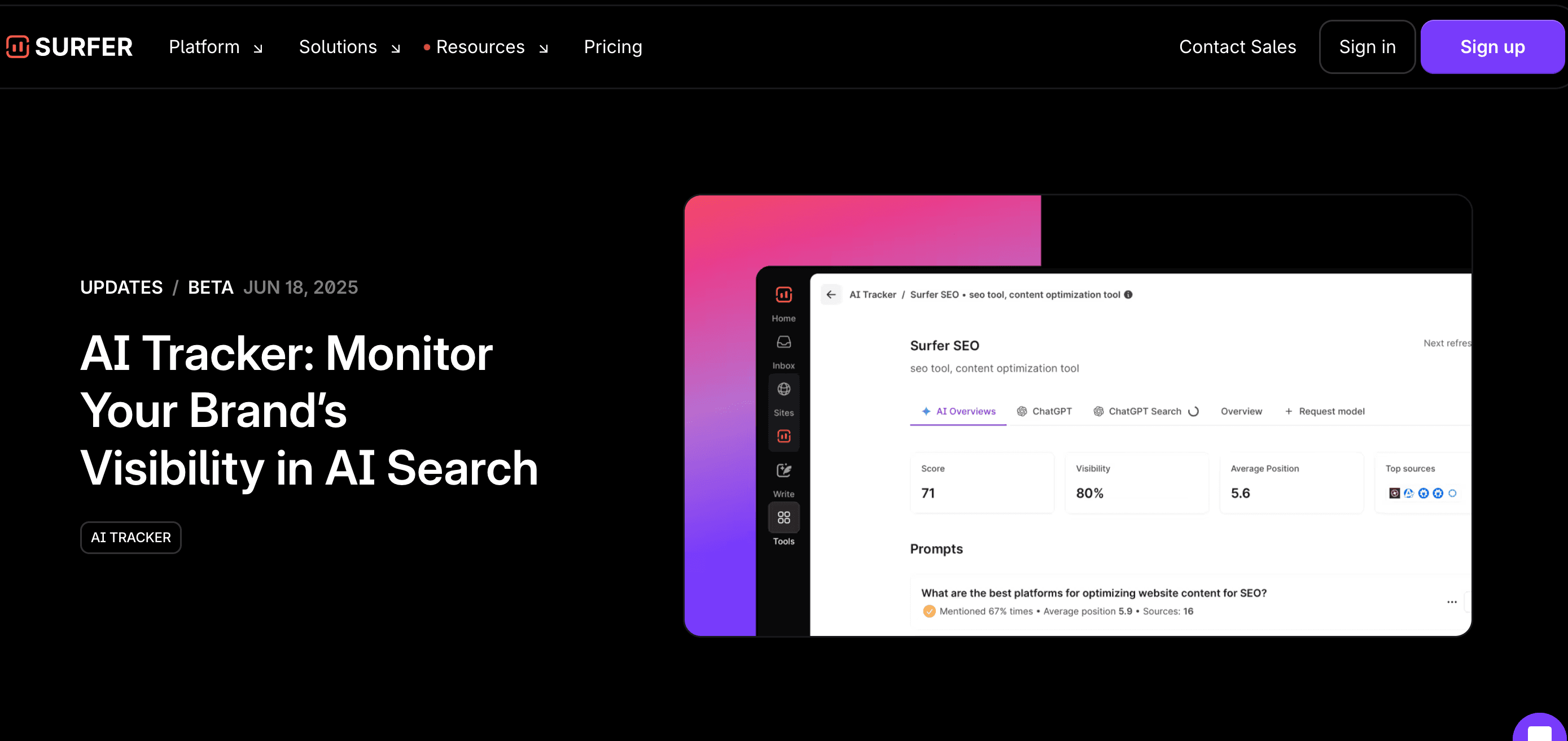 Surfer SEO AI Tracker website page