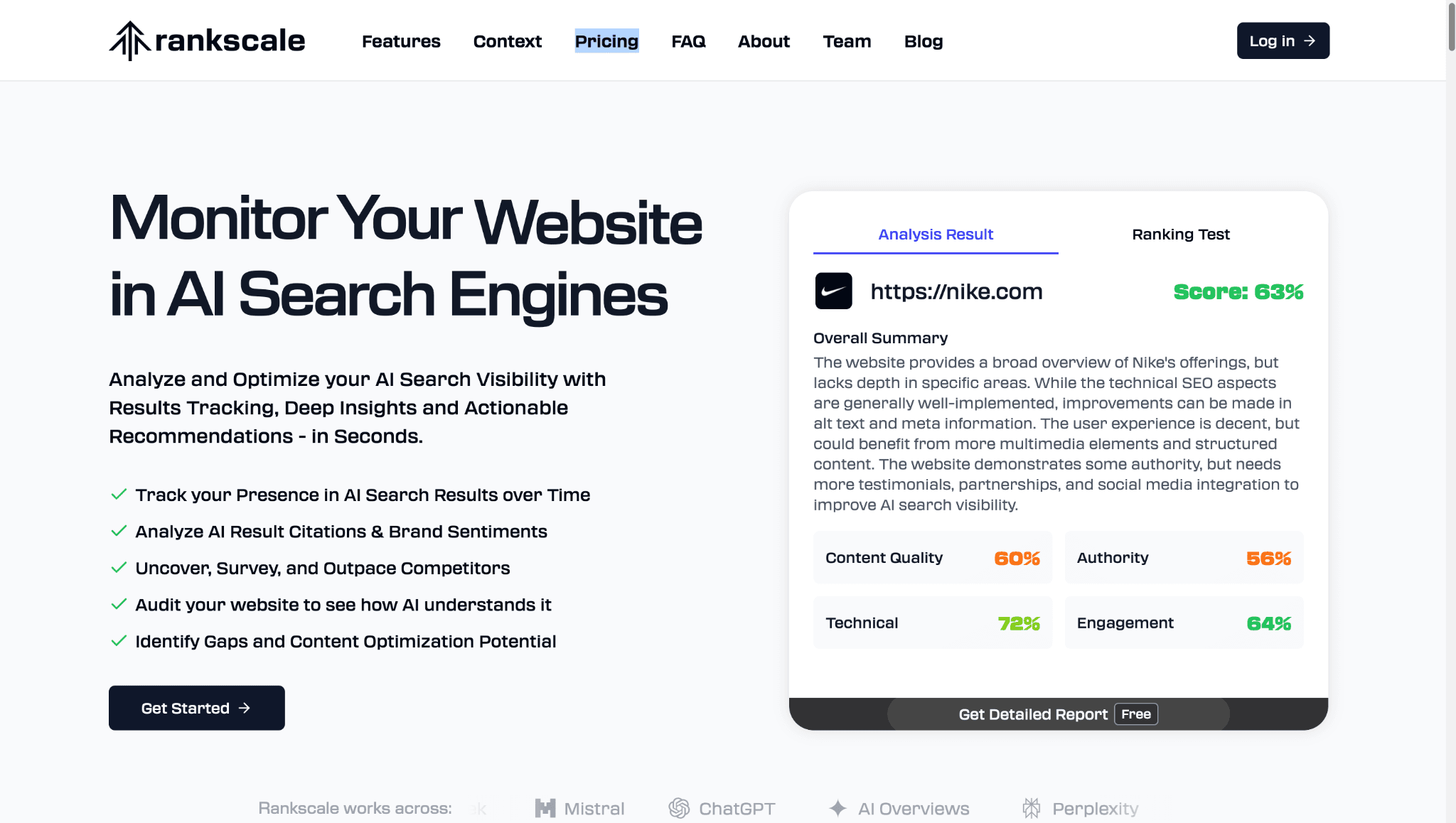 Rankscale homepage with AI Visibility Tracking Tools widget