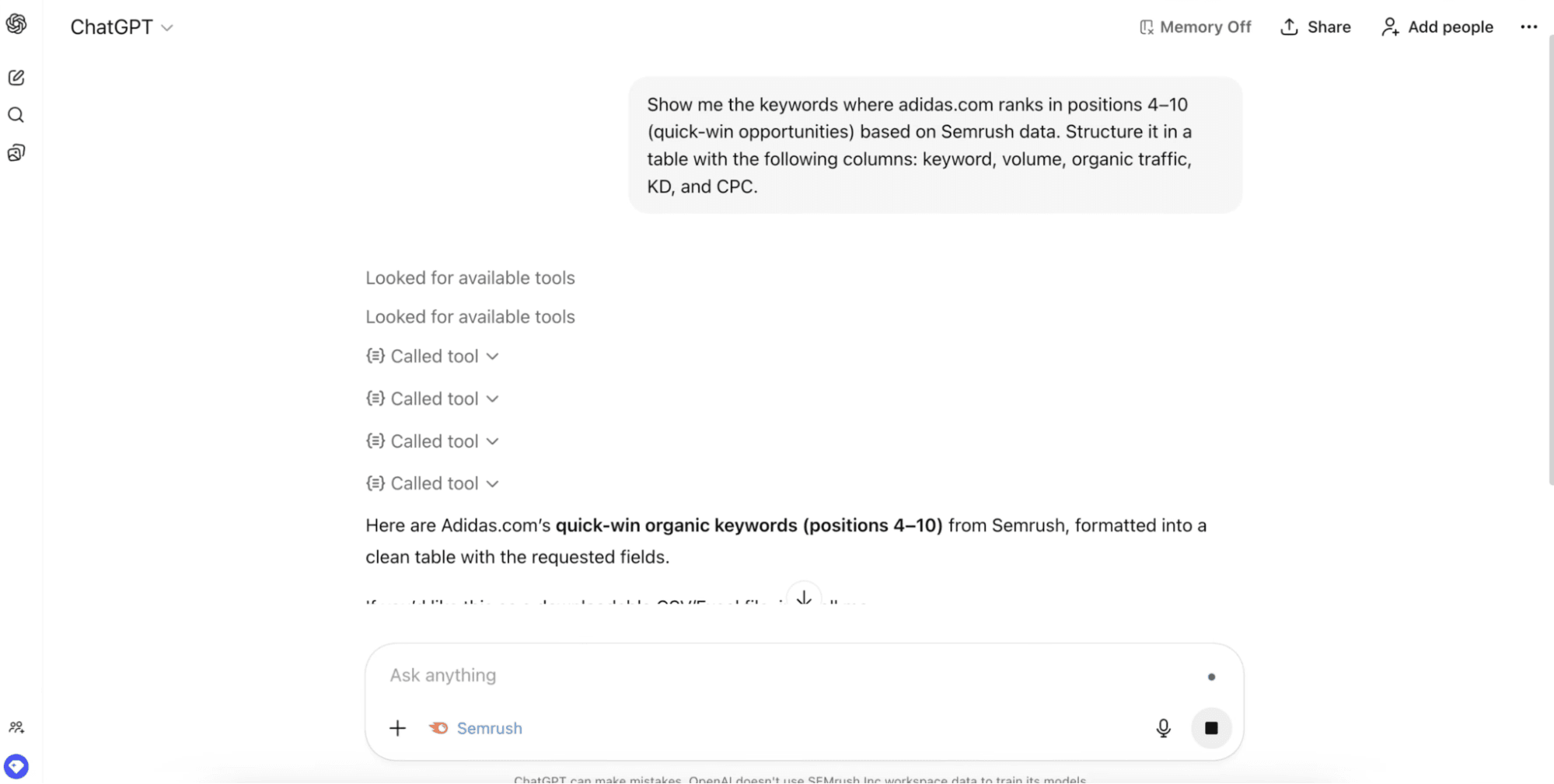 AI queries Semrush tools via MCP