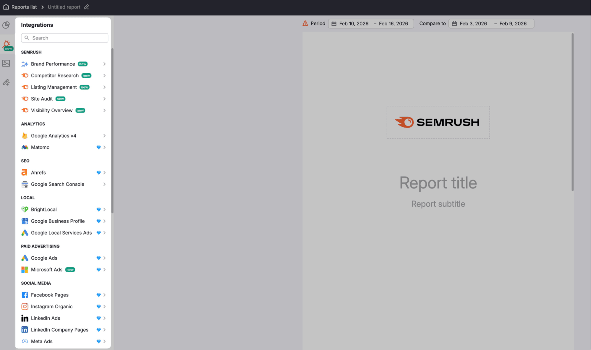 My SEMrush Reports Interface with Drag and Drop Builder