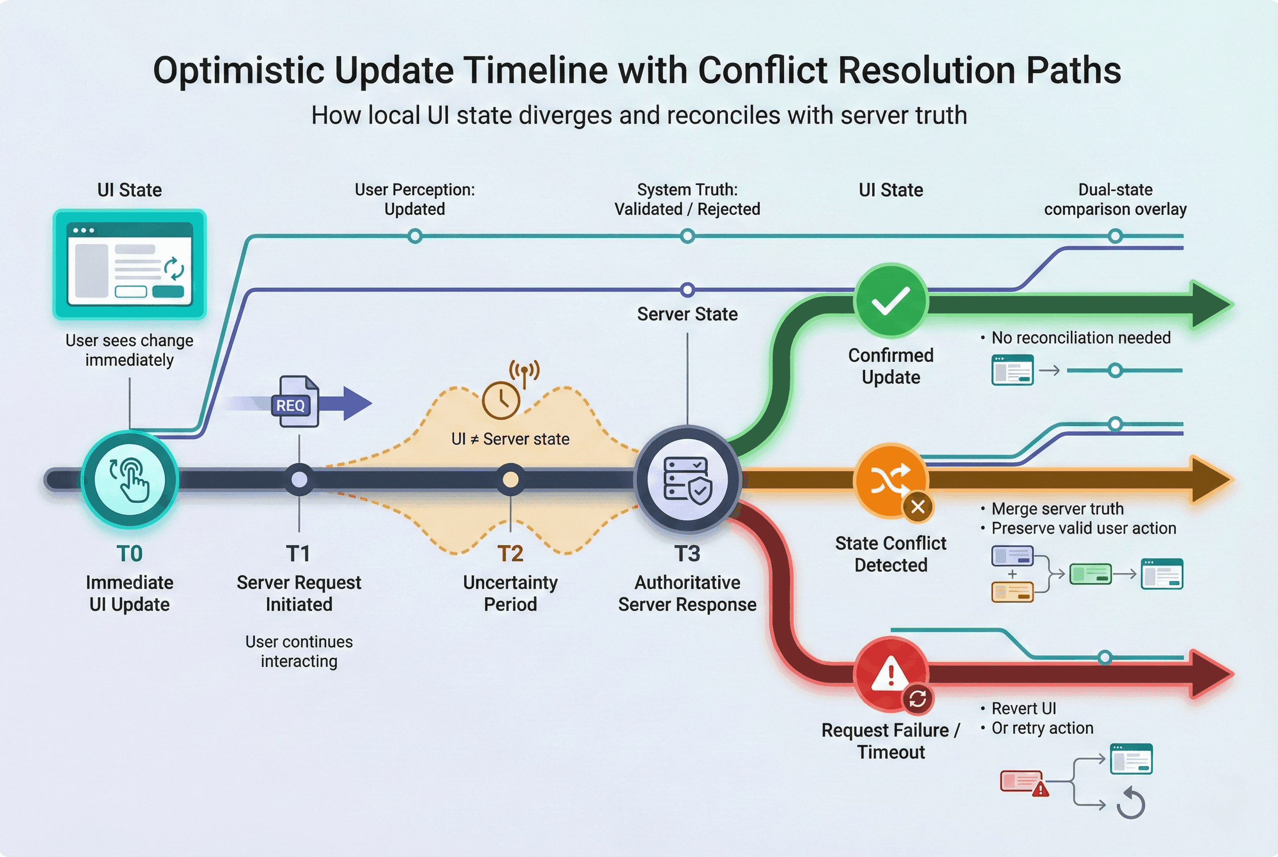 Padrões avançados para aplicativos da Web em tempo real 1 optimistic update timeline with conflict resolution paths 4a55d7b882