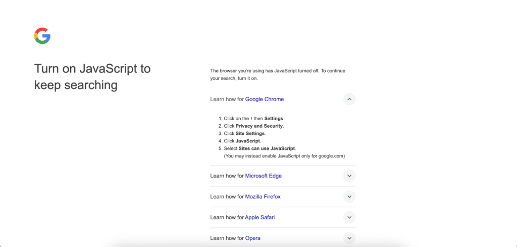 image showing javascript needs to be enabled to access google search